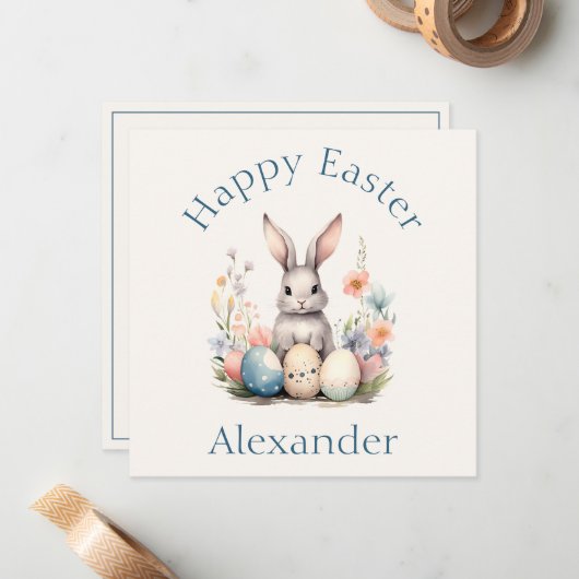 青とピンクのバニーラビットワイルドフラワーイースター ノートカード (正面/裏面インサイチュ)