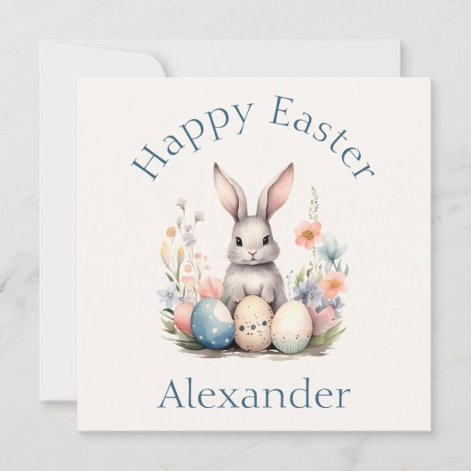 青とピンクのバニーラビットワイルドフラワーイースター ノートカード (正面)