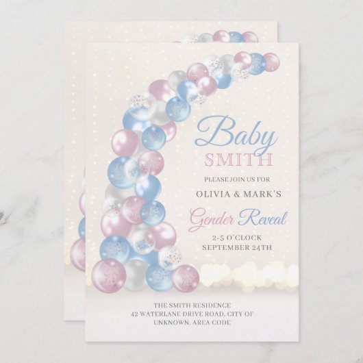 青とピンクのバルーンアーチベビー性別リビール 招待状 (正面/裏面)