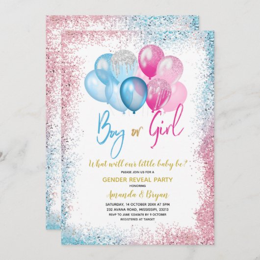 青とピンクのバルーン性別リビール招待状 招待状 (正面/裏面)