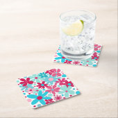 青とピンクのファンキー花 スクエアペーパーコースター (インサイチュ)