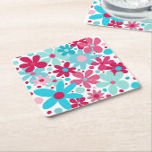 青とピンクのファンキー花 スクエアペーパーコースター (アングル)