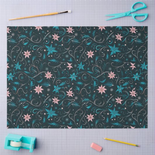 青とピンクのフローラとつる植物クリスマス 薄葉紙 (クラフト)