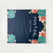 青とピンクのフローラの写真の背景 タペストリー (正面(横))