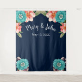 青とピンクのフローラの写真の背景 タペストリー (正面)