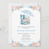 青とピンクのフローラ傘の赤ちゃんシャワー 招待状 (正面)