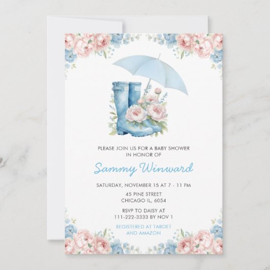 青とピンクのフローラ傘の赤ちゃんシャワー 招待状 (正面)