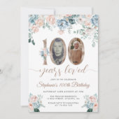 青とピンクのフローラ写真100誕生日 招待状 (正面)