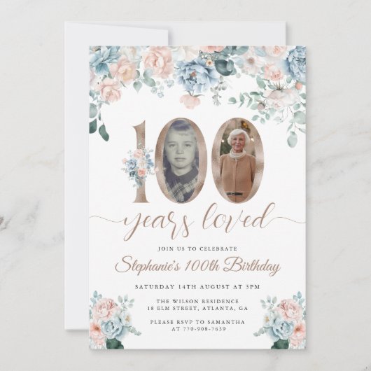 青とピンクのフローラ写真100誕生日 招待状 (正面)