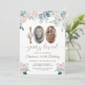 青とピンクのフローラ写真100誕生日 招待状 (スタンド正面)