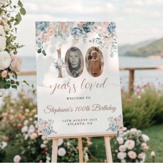 青とピンクのフローラ写真100th誕生日へようこそ ポスター