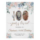 青とピンクのフローラ写真100th誕生日へようこそ ポスター (正面)