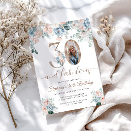 青とピンクのフローラ写真30th Birthday Invitation 招待状
