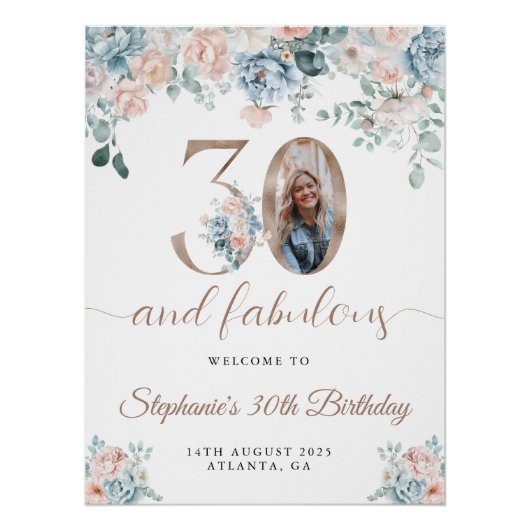 青とピンクのフローラ写真30th Birthday Welcome ポスター (正面)