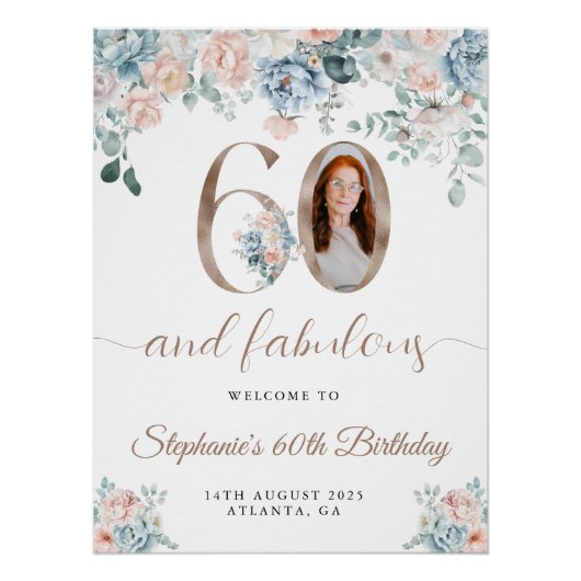 青とピンクのフローラ写真60th誕生日へようこそ ポスター (正面)