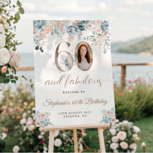 青とピンクのフローラ写真60th誕生日へようこそ ポスター