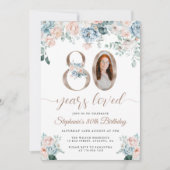 青とピンクのフローラ写真80誕生日 招待状 (正面)