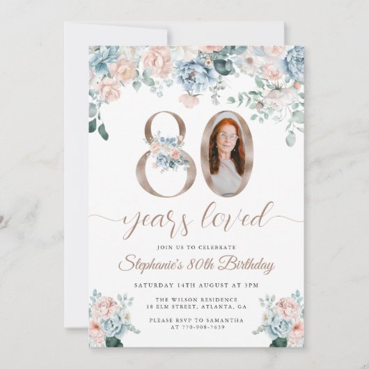 青とピンクのフローラ写真80誕生日 招待状 (正面)
