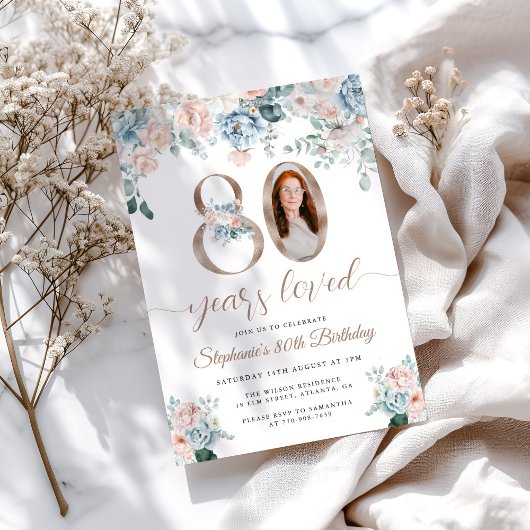 青とピンクのフローラ写真80誕生日 招待状