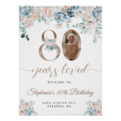 青とピンクのフローラ写真80th誕生日へようこそ ポスター (正面)