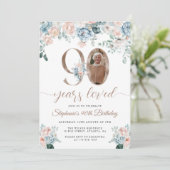 青とピンクのフローラ写真90誕生日 招待状 (スタンド正面)