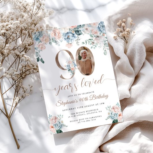 青とピンクのフローラ写真90誕生日 招待状
