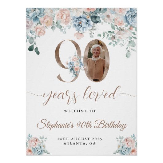 青とピンクのフローラ写真90th誕生日へようこそ ポスター (正面)