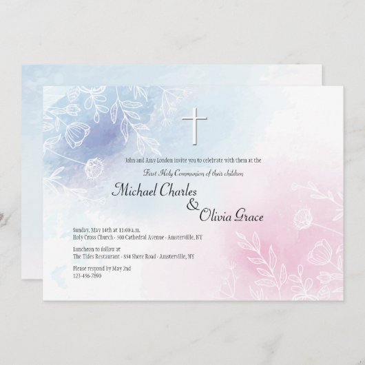 青とピンクのフローラ宗教 招待状 (正面/裏面)