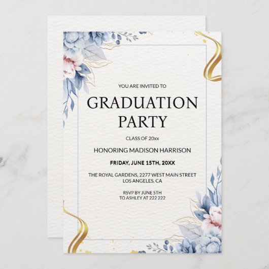 青とピンクのフローラ枠 招待状 (正面/裏面)