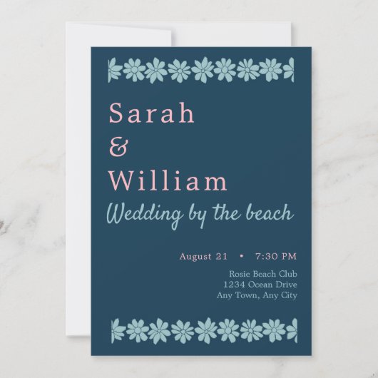 青とピンクのフローラ結婚式招待状 招待状 (正面)