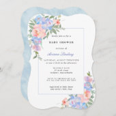 青とピンクのフローラ赤ちゃんシャワー 招待状 (正面/裏面)