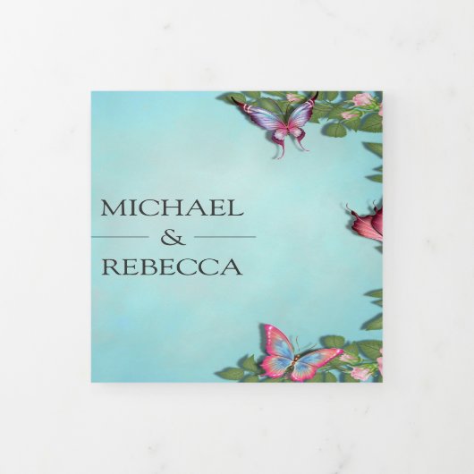 青とピンクのフローラ·バタフ結婚ライ写真 三つ折り招待状 (カバー)