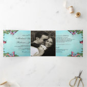 青とピンクのフローラ·バタフ結婚ライ写真 三つ折り招待状 (内部)