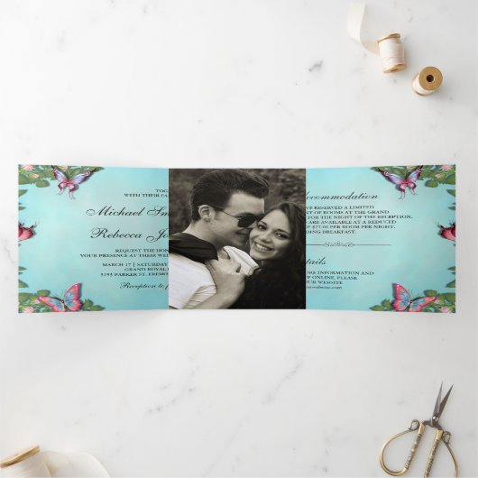 青とピンクのフローラ·バタフ結婚ライ写真 三つ折り招待状 (内部)
