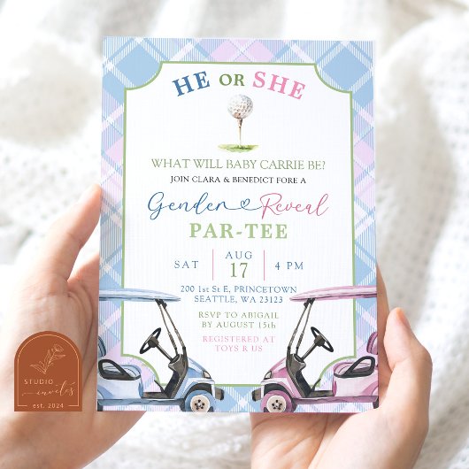 青とピンクのプレッピーなゴルフジェンダーのリビール 招待状