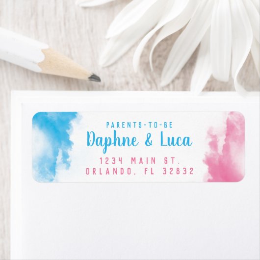 青とピンクのベビージェンダーがパーティー煙爆弾を明らかにする ラベル (インサイチュ)