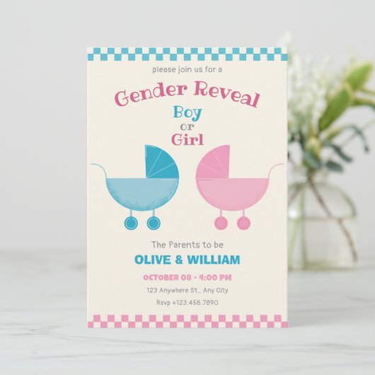 青とピンクのベビーベビーカーの性別を明らかにする 招待状 (スタンド正面)