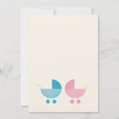 青とピンクのベビーベビーカーの性別を明らかにする 招待状 (裏面)