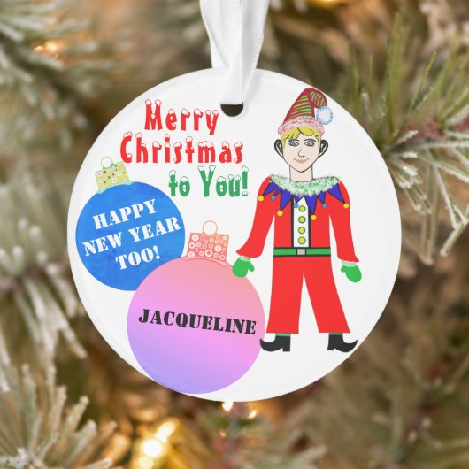 青とピンクのボーイエルフのクリスマス 名前 オーナメント (ツリー)