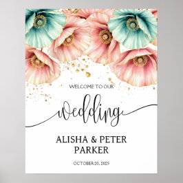 青とピンクのポピーの水の色結婚の歓迎 ポスター