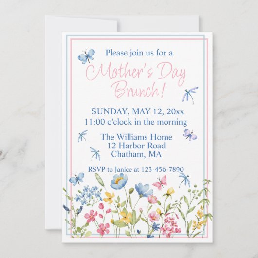 青とピンクのワイルドフラワーガーデンマザーズデイブランチ 招待状 (正面)
