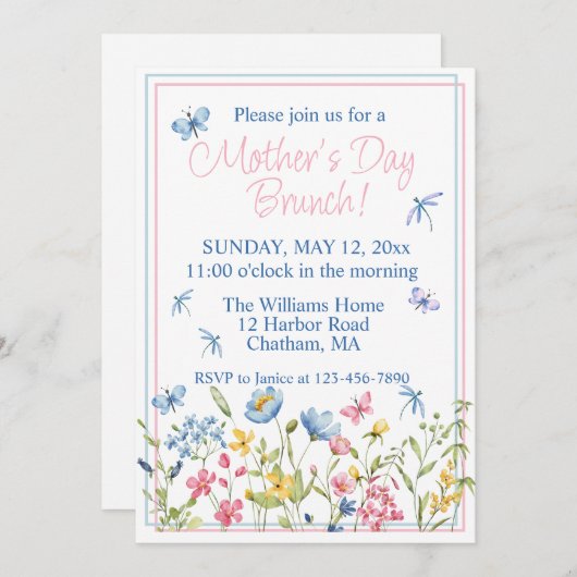 青とピンクのワイルドフラワーガーデンマザーズデイブランチ 招待状 (正面/裏面)