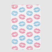 青とピンクの唇のパターン、口紅、キス ゴルフタオル (正面)