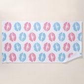 青とピンクの唇のパターン、口紅、キス ビーチタオル (正面)