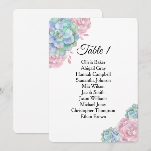 青とピンクの多肉植物。 ウェディング席次表 招待状 (正面/裏面)