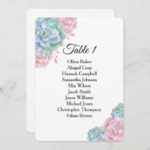 青とピンクの多肉植物。 ウェディング席次表