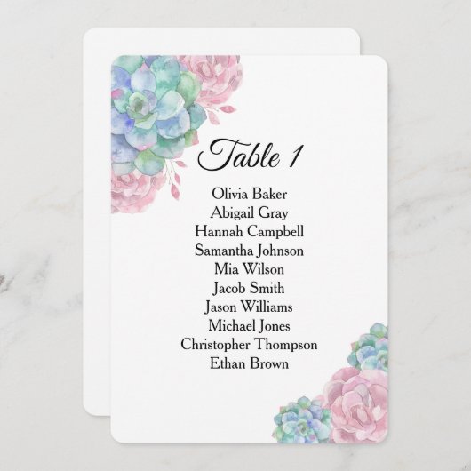 青とピンクの多肉植物。結婚式の座席表 招待状 (正面/裏面)