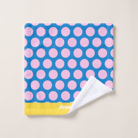 青とピンクの大きな水玉模様パターパーソナライズされたン バスタオルセット (ウォッシュタオル)