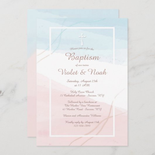 青とピンクの宗教モダン招待状 招待状 (正面/裏面)