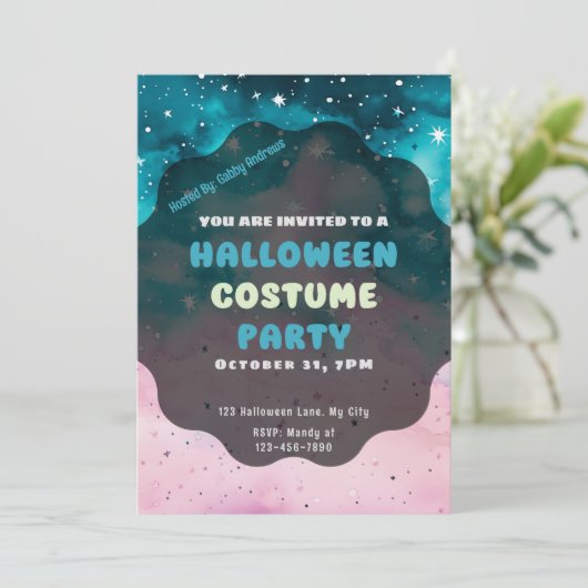 青とピンクの星ハロウィンモダンー 招待状 (スタンド正面)